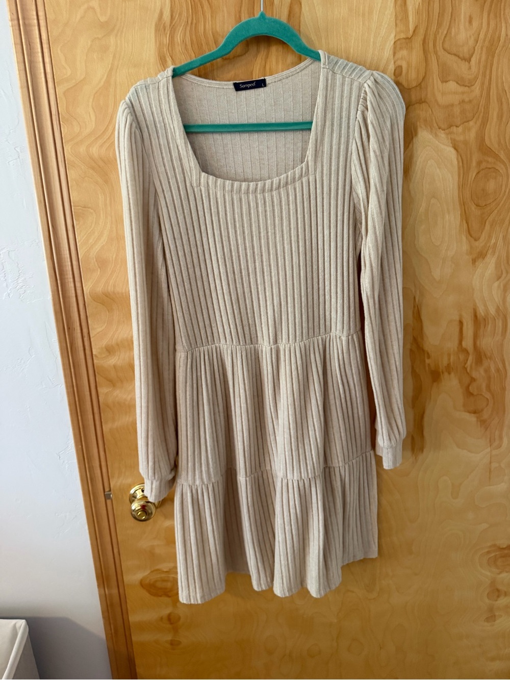 Amazon Ribbed Long Sleeve Tiered Dress - Cream